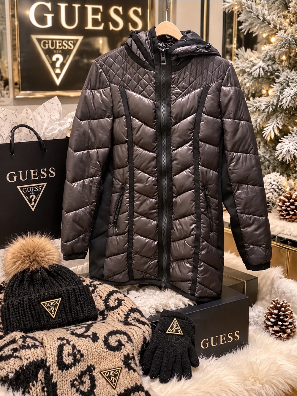 GUESS Black Quilted Hooded Puffer Coat